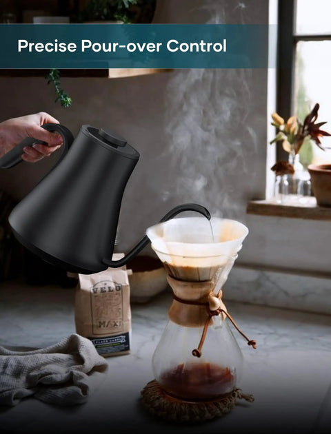 Pouring coffee with Gooseneck Electric Kettle With Precise Temperature Control Within One Degree Fahrenheit, Ebony Black