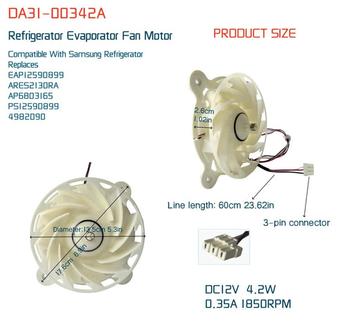 Evaporator Fan Motor For Refrigerator DA31 00342A OEM Replacement Plug And Play Ready No Fuss, dimensions shown