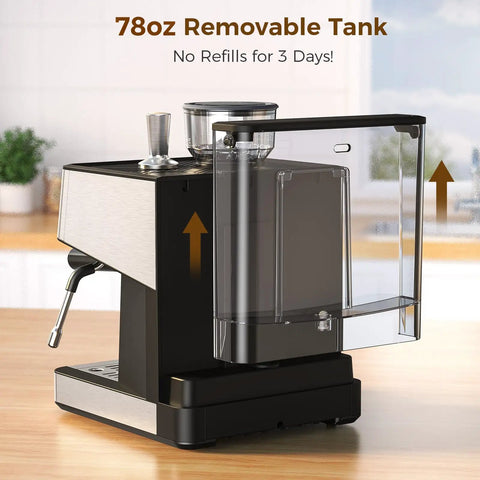 Next Level Espresso Machine With Built In Grinder And Automatic Milk Frother Compact Countertop 78oz removable tank for easy use.
