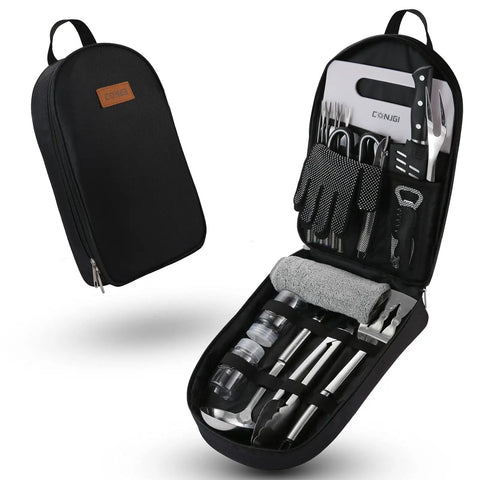 Ultimate Outdoor Camp Kitchen Utensils Set With Fork Spoon Knife Cutting Board Spatula Scissors Corkscrew Pepper Shaker Kebabs And Dope Storage Bag for Backpacking Hiking Campfire Cookouts