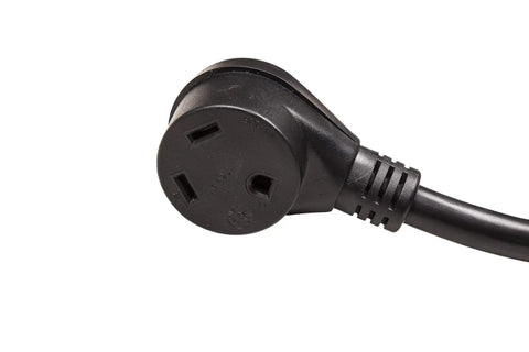Close-up of plug from Bluetooth Enabled 30 Amp Surge Protector for RV and Coach, 3,000 Joules, Portable 14 Inch, Real Time App Monitoring