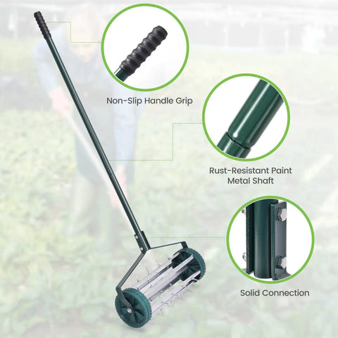 17 Inch Heavy Duty Rolling Lawn Aerator with sharp spikes and anti-slip handle for lawn care, yard garden manual aerator tool