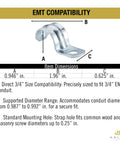 Dimensions of 3/4 Inch EMT Conduit Strap Clamp One Hole, 100 Pack Steel Straps For Secure Electrical Wiring, UL Listed