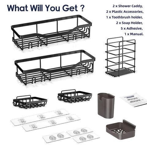 7 Pack Adhesive Shower Caddies With 24 Hooks Rustproof Stainless Steel Bathroom Shelves No Drill All In One Organizer set