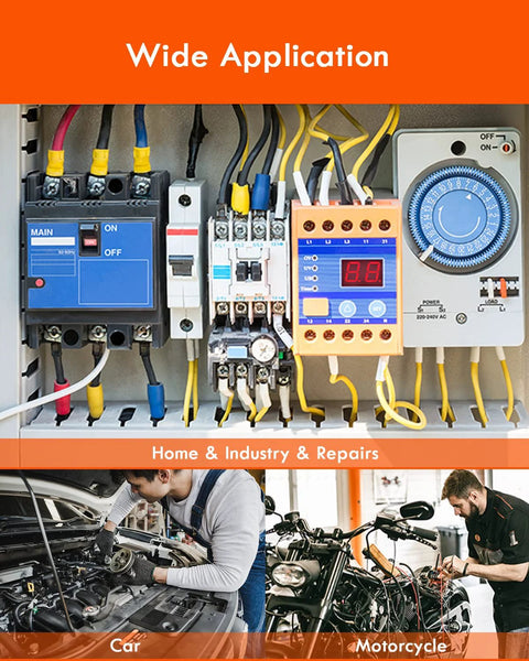 Gorffy 300PCS wire connectors kit catalog cover showing electrical panel and car and motorcycle repair scenes.