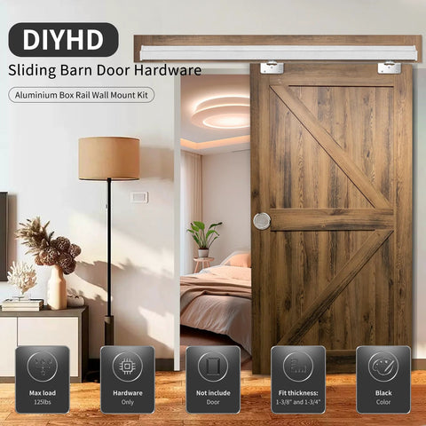 Interior Box Rail Sliding Door Kit With Wall Mount Track Aluminum Alloy And Plastic Construction Electrophoretic Black Finish installed in living room