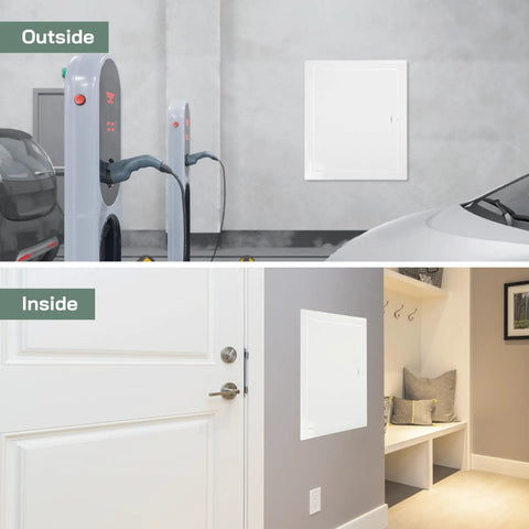 Legit Heavy Duty Metal Wall Access Panel For Drywall With Sturdy Grab Handle Clean Flush Cover For Crawl Space And Plumbing Lines Straight Up Pro Build Hassle Free Installation shown inside and outside views.