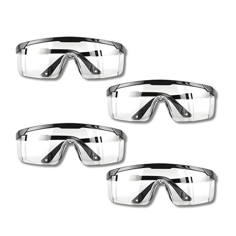 Four Pack Safety Glasses Set With Clear Anti Fog Lenses For Men And Women, Adjustable Wide Vision Eye Protection Goggles displayed