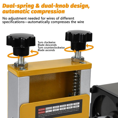 Pro Level Automatic Copper Wire Stripping Machine Boasting A Beefy 60W Motor And Six Alloy Dies For Smoothly Peeling Cables with dual knobs for automatic compression.