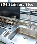 Slick Polished Chrome Bar Sink Faucet Featuring A Solid Four Inch Centerset Spout Rising Eight Point Three Inches Crafted From Tough SUS304 Steel With Zero Fuss Operation For Laundry Bar Cabinet Or Rv Setup That Really Stands Out installed in modern kitchen sink.