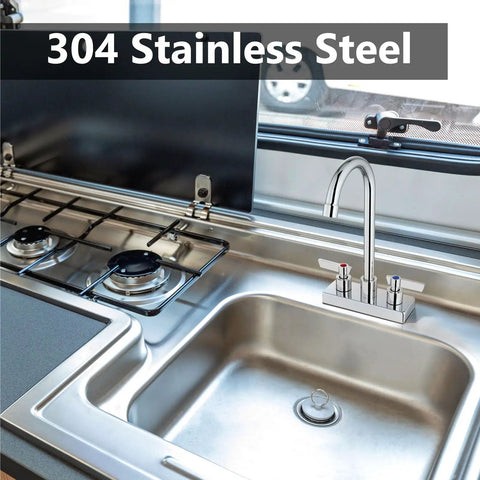 Slick Polished Chrome Bar Sink Faucet Featuring A Solid Four Inch Centerset Spout Rising Eight Point Three Inches Crafted From Tough SUS304 Steel With Zero Fuss Operation For Laundry Bar Cabinet Or Rv Setup That Really Stands Out installed in modern kitchen sink.