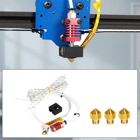 Extruder Hot End Kit With 0.4mm Nozzle And Aluminum Heating Block For 3D Printers, NTC 3950 100K Thermistor, 1M PTFE Tube, Compatible With X5SA X5SA Pro XY 2 Pro, 24V 50W Max 275C Anti Leak installed on 3D printer with spare nozzles
