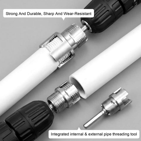 Heavy Duty 3 Piece Pipe Thread Cutting Tool Kit For Electric Drill showing integrated internal & external threading tool on PPR pipe.