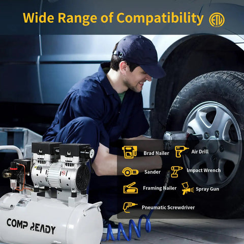 2 Gallon Portable Air Compressor 0.75HP Oil Free Ultra Quiet 60dB For Tire Inflation Pneumatic Tools Spray Painting 115V High Performance