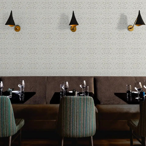 Custom Printed Symmetrical Vinyl Wallpaper Featuring Bottom Line Tough Leather Texture tailored for busy offices and hotels used in a restaurant setting.