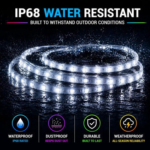 12V RV Awning Lights DIY Kit With 20 Foot RGB LED Strip, V2.1 Upgrade; IP68 water resistant strip on wet surface highlighting durability