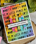 Colorful birthday card with embossed 'Happy Birthday' text and decorative candles, using Happy Birthday Balloons Metal Die-Cuts for Scrapbookers.