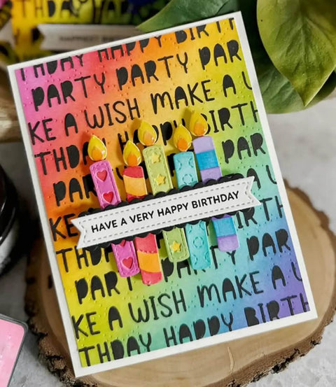 Colorful birthday card with embossed 'Happy Birthday' text and decorative candles, using Happy Birthday Balloons Metal Die-Cuts for Scrapbookers.