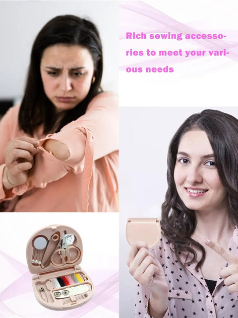 Ultra Handy Mini Sewing Kit For On The Go Travel Size Emergency Pocket Kit with woman mending clothes and pink compact box.