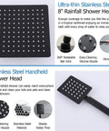 Ultra-thin stainless steel 8" rainfall and handheld shower heads, part of Matte Black 2 Handles Tub and Shower Faucet Set With Tub Spout, Valve Included, Dual 2 In 1 Shower System, Wall Mount Trim Kit, Premium Solid Brass And 304 Stainless Steel, Easy Install, Lifetime Warranty