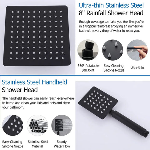 Ultra-thin stainless steel 8" rainfall and handheld shower heads, part of Matte Black 2 Handles Tub and Shower Faucet Set With Tub Spout, Valve Included, Dual 2 In 1 Shower System, Wall Mount Trim Kit, Premium Solid Brass And 304 Stainless Steel, Easy Install, Lifetime Warranty