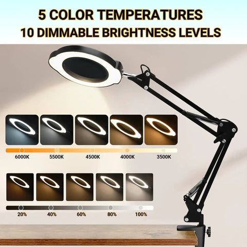 15X Magnifying Glass Desk Lamp With Clamp Real Glass Lens Dust Cover 84 LEDs 5 Color Modes 10 Brightness Levels Flexible Arm