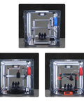 24 Inch Clear Acrylic 3D Printer Enclosure With Ventilation, Led Light, Thermometer And Hygrometer, Dustproof And Noise Reduction, Heat Retention, Fits Most Machines Up To 490mm W x 520mm D x 600mm H, Lab Ready Odor Control, displaying three enclosed printers with LED lights and accessories.