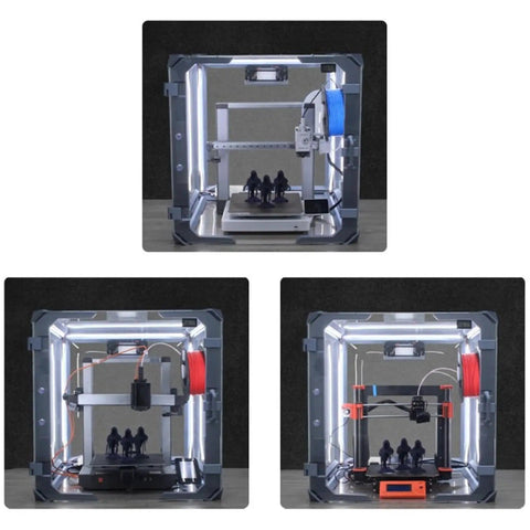 24 Inch Clear Acrylic 3D Printer Enclosure With Ventilation, Led Light, Thermometer And Hygrometer, Dustproof And Noise Reduction, Heat Retention, Fits Most Machines Up To 490mm W x 520mm D x 600mm H, Lab Ready Odor Control, displaying three enclosed printers with LED lights and accessories.
