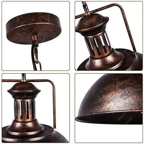 YSGUYILT Vintage Industrial Pendant Lights E26 Retro Metal Hanging Lights, details of rust color metal shade and ceiling mount.