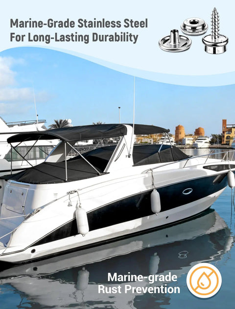 Marine Grade Canvas Snap Button Kit 150 Pcs Stainless Steel Snap Fasteners with boat in harbor