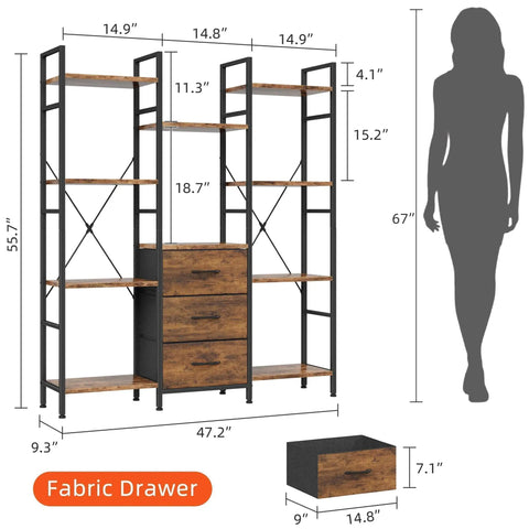 Diagram of Industrial Rustic 47 Inch Wide Bookcase with ten shelves, hidden fabric drawers, and steel frame next to size chart.