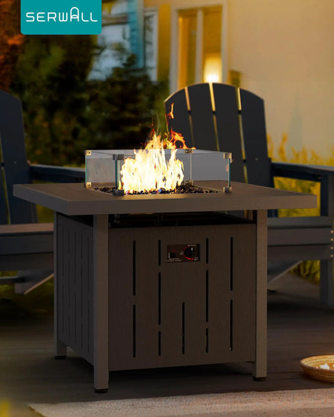 33 Inch Outdoor Propane Fire Pit Table With 50,000 BTU, Lid, Glass Wind Guard, Fire Glass, And HDPE Patio Furniture