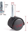 Close-up of 2 Pack Locking Swivel Caster Replacement Wheels For Weber Gas Grill Stem Casters 2.5 Inch Twin Wheel Rubber Caster Wheels With Friction Mount 5/16 X 1-1/2 Inch Pin Stem 55-Lb Load Capacity Per Caster Easy Install showing measurements.