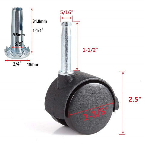 Close-up of 2 Pack Locking Swivel Caster Replacement Wheels For Weber Gas Grill Stem Casters 2.5 Inch Twin Wheel Rubber Caster Wheels With Friction Mount 5/16 X 1-1/2 Inch Pin Stem 55-Lb Load Capacity Per Caster Easy Install showing measurements.