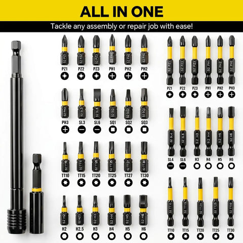 Game Changer 80 Piece Magnetic Nut Driver And Impact Socket Set Made From Tough S2 Chrome Vanadium Steel Includes Metric And SAE Sizes One Quarter Hex Shank Bits plus a variety of bits for assembly.