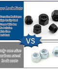Image comparing black nylon insert lock nuts with 304 stainless steel and standard carbon steel lock nuts. 110 Pack Black Nylon Insert Lock Nuts Set For Inch Threaded Hardware SAE Nylock Nut Assortment Including 6-32, 8-32, 10-24, 10-32, 1/4-20, 5/16-18, 3/8-16, 1/2-13, 304 Stainless Steel.