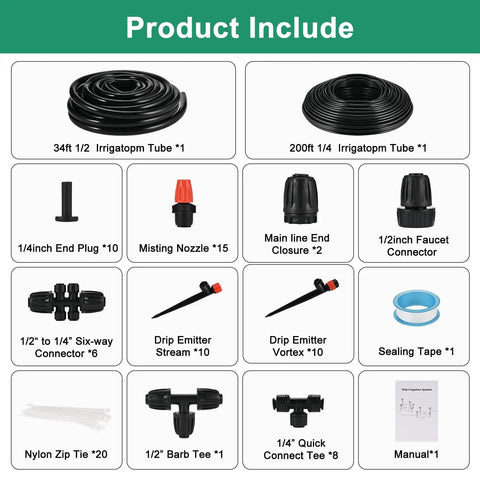 All In One Drip Irrigation Kit With 234 Feet Of One Quarter Inch Tubing 87 Quick Connectors And Drip Emitters components included