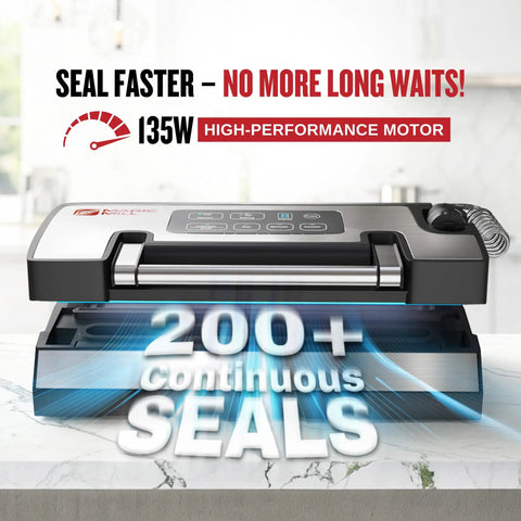 Heavy Duty Vacuum Sealer Machine Packing 90Kpa Suction And Double Seal To Keep Your Groceries Farm Fresh Built In Cutting Blade and Removable Drip Tray with 135W motor.