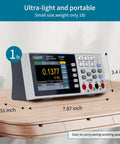 Your Go-To 55000 Counts Digital Multimeter With True RMS And Temperature Probe on desk, showing dimensions and weight