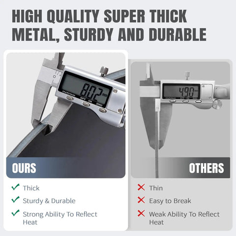 Comparison of 26 Inch Iron Fireback With Feet For Fireplace Wall Protection And Heat Reflection thickness, showcasing durability and heat reflection ability.