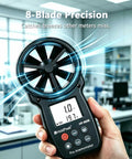 Handheld Digital Wind Speed Meter With Temperature And Wind Chill Readouts, 8-blade fan, for HVAC and lab use