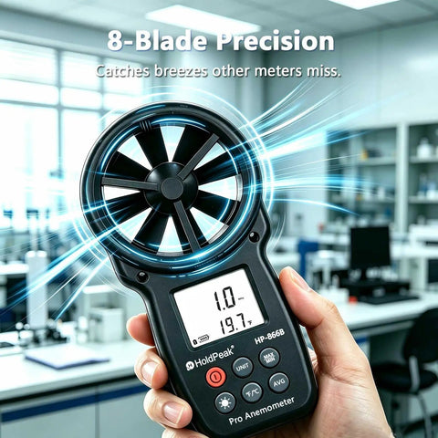 Handheld Digital Wind Speed Meter With Temperature And Wind Chill Readouts, 8-blade fan, for HVAC and lab use