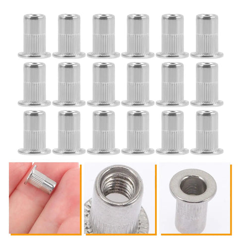 Flat Head Rivet Nuts With Knurled Bodies Stainless Steel 40 Piece Pro Grade Threaded Rivet Nut Kit detail and pieces.
