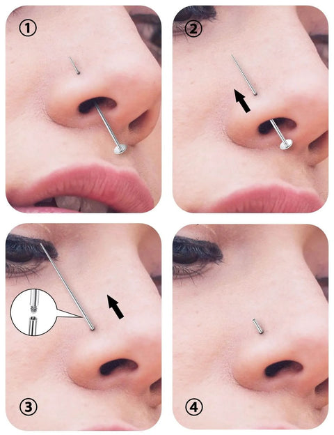 16G Straight Piercing Taper Insertion Pin Set For Internally Threaded Nose Septum Lip Rings in use for piercing change