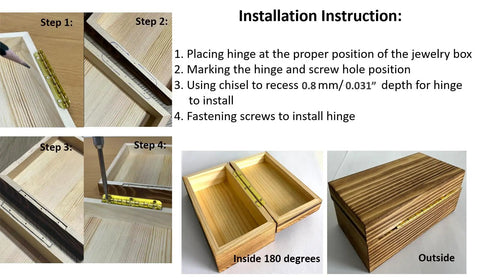 Installation steps for Top Shelf Solid Brass Piano Hinge 180 Degree Swing for Cabinet Closet and Jewelry Box Vibrated Brass Finish.