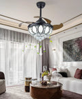 Ceiling Fan with Light Crystal Retractable 3 Color Control Silent Copper in modern living room with crystal accents.