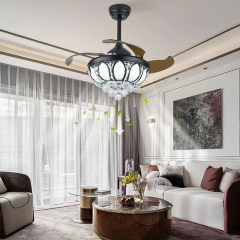 Ceiling Fan with Light Crystal Retractable 3 Color Control Silent Copper in modern living room with crystal accents.