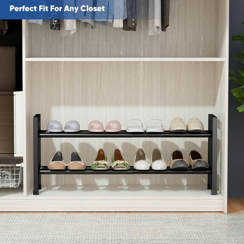 Two Tier Expandable Shoe Rack that grows from 17 to 33 inches, black metal, holds 8 pairs of shoes, in closet display.