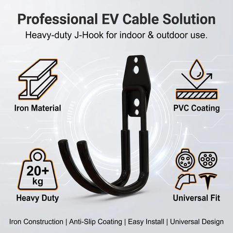 Heavy Duty EV Charger Wall Mount Cuts The Clutter And Secures Charging Cables For Totally Hassle Free Indoor Or Garage Storage Setup Iron J Hook Holder with PVC coating.