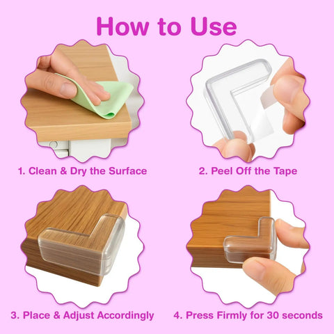 How to use Tough As Nails L Shaped Table Corner Protectors for baby proofing, clear gel bumpers installation steps.